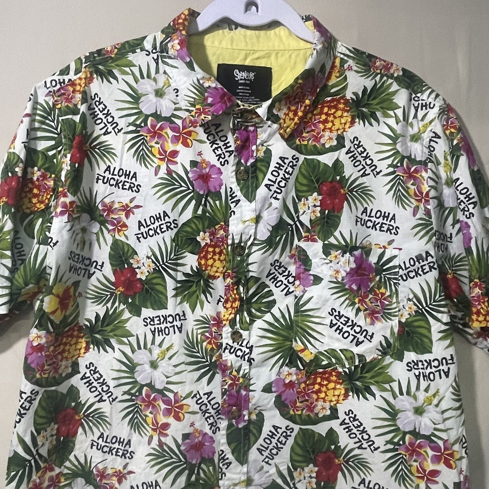 Spencers Novelty Aloha F#%kers Hawaiian Button Down Shirt Mens Size Large